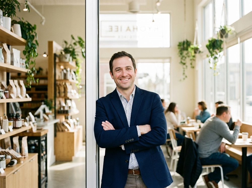Confident small-business owner standing in their storefront